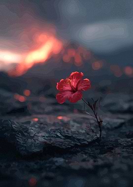 Red Flower Against Volcanic Eruption