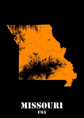 Missouri USA State Minimalist Black Orange Topographic Contour Relief Map featuring terrain in orange color