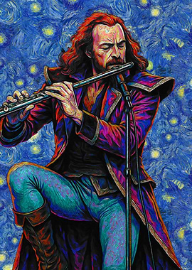 Flute Player in Starry Night Style
