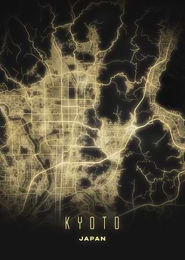Kyoto, Japan - Glowing Night City Map Poster, Modern Street Wall Art