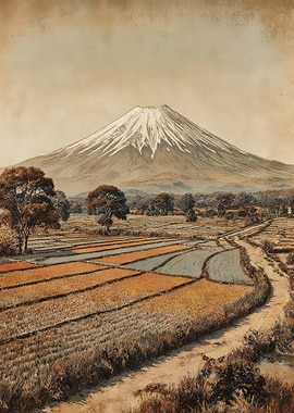 Mount Fuji Landscape with Rice Fields