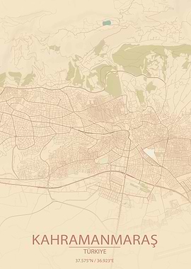 Kahramanmaras, Türkiye Vintage Style Map Art