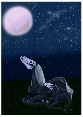 Skeletal Horse Family Under Moonlight