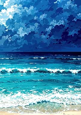Blue Ocean Waves and Cloudy Sky