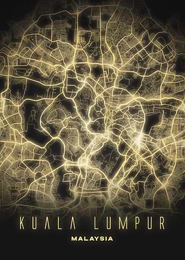 Kuala Lumpur, Malaysia - Radiant Night City Map Poster, Street Wall Art