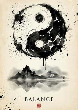 Yin Yang Balance Landscape Ink Painting