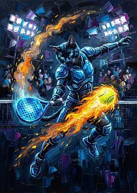 Armored Cat Playing Padel with Fire