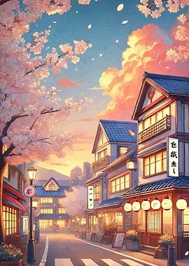 Japanese street with cherry blossoms
