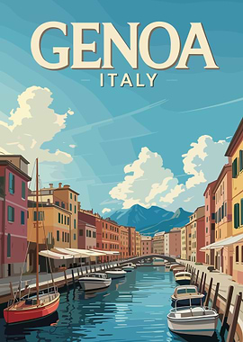 Vintage travel canal scene in Genoa Italy