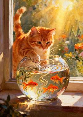 Ginger Cat and Goldfish Bowl