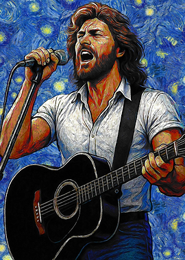 Singer with Guitar in Starry Night