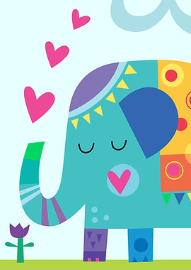 Colorful Elephant Baby Room Poster with Flower