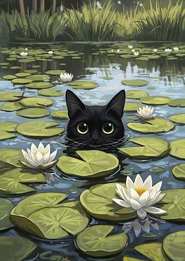 Whimsical black cat swimming among lily pads in tranquil pond, nature's serene beauty unfolds