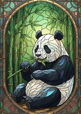 Panda eating bamboo in stained glass