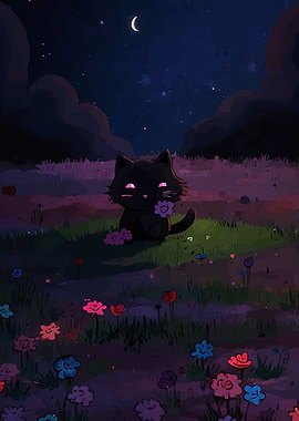 Black Cat in Flower Field