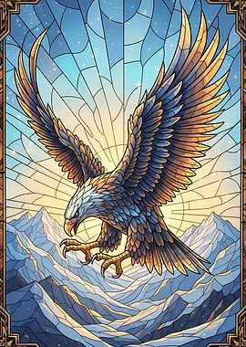 Stained Glass Eagle Over Mountains