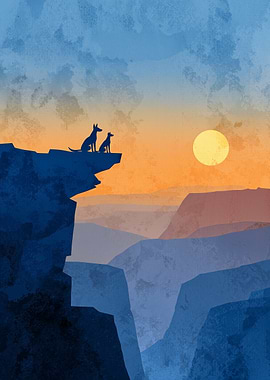 Dogs on a Cliff at Sunset