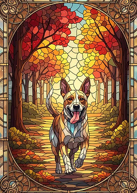 Stained Glass Dog in Autumn Forest