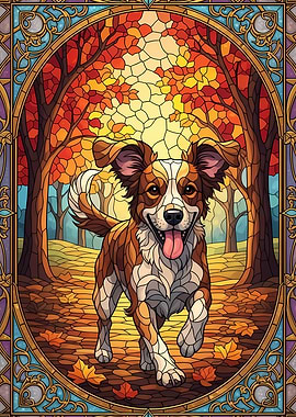 Stained Glass Dog in Autumn