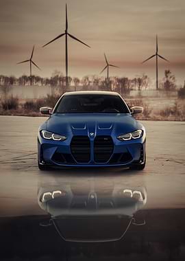 Blue BMW M4 with Wind Turbines