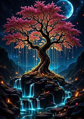 Cherry Blossom Tree Waterfall Night