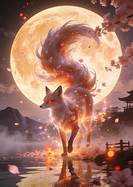 Nine tailed fox spirit under full moon