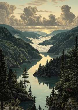 Mountain Lake Landscape with Clouds