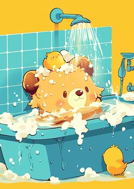 Cute Bear and Chick Taking Bath