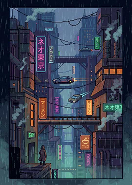 Pixel Art Cyberpunk Cityscape in the Rain
