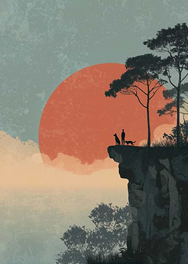 Cliffside Sunset with Dogs and Owner