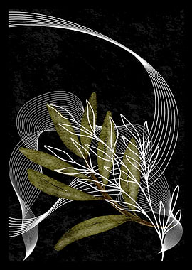 Olive Branch with Abstract White Lines