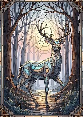 Stained Glass Deer in Forest