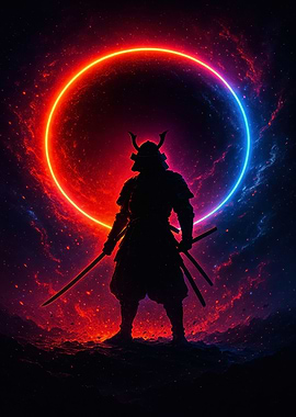 Samurai Silhouette with Neon Circle