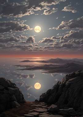 Moonlit Mountain Landscape Reflection
