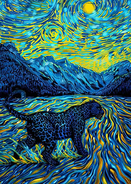 Blue Panther in Starry Night Landscape