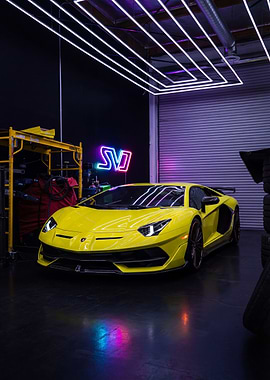 Yellow Aventador SVJ in Garage
