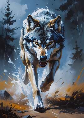 Charging Wolf in Forest Digital Art