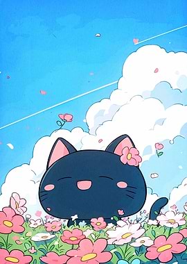Cute Black Cat in Flower Field