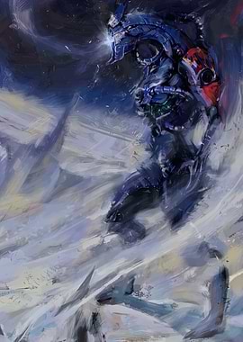 Blue Robotic Figure in Abstract Landscape