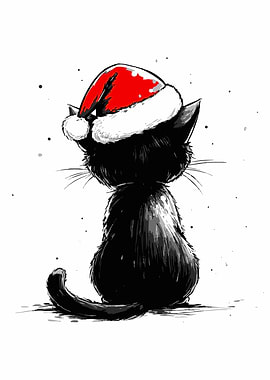 Black Cat with Santa Hat Illustration
