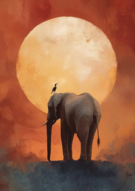 Elephant and Bird Under a Large Sun
