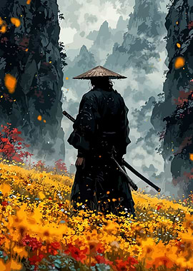 Samurai in a field of flowers