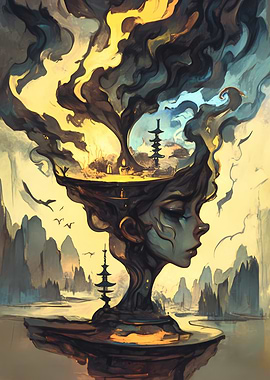 Dreamscape: Woman, Pagodas, and Smoky Sky