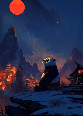 Panda Contemplation Under Red Moon