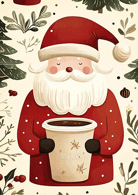 Santa Claus with Coffee Watercolor Illustration