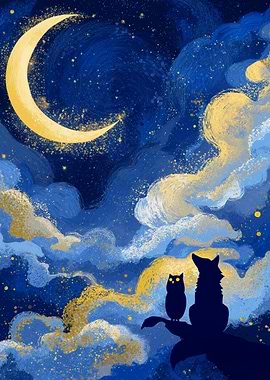 Night Sky with Owl and Wolf