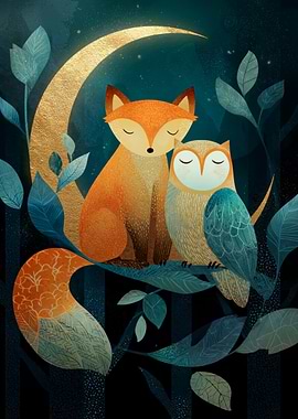 Fox and Owl Under The Moon