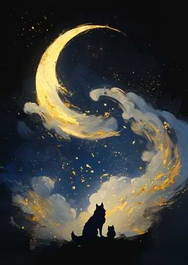 Wolf and Cat Under Crescent Moon