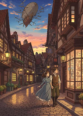 Couple Walking in Steampunk Cityscape