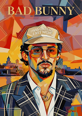 Bad Bunny Portrait with Geometric Background